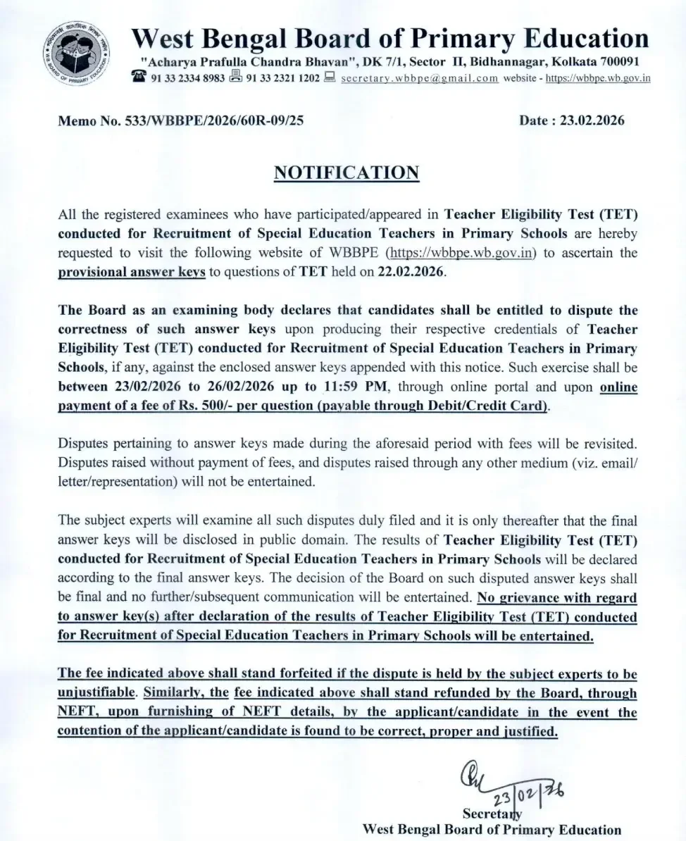 WB TET Special Teacher Answer Key 2026 Download Link